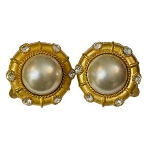 Vintage Joan Collins Gold Tone & Pearl Cabochon Oversized Clip on Earrings